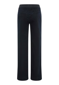 Sorte wide-leg bukser med en glat tekstur, elastisk linning og to baglommer. Stoffet ser blødt og let strækbart ud.