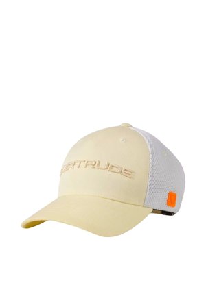 Casquette de baseball jaune clair avec dos en mesh blanc, texte brodé « GERTRUDE » à l'avant et petite étiquette carrée orange sur le côté.