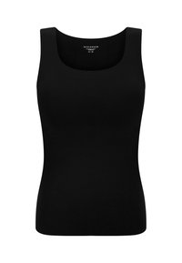 Black tank top with a scoop neckline and wide straps. Made of smooth, stretchy fabric, featuring a fitted silhouette without embellishments.