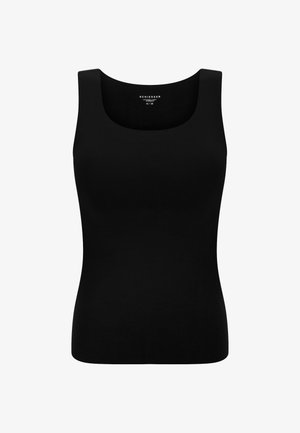 Canotta nera con scollatura a barca e spalline larghe. Realizzata in tessuto morbido ed elastico, presenta una silhouette aderente senza decorazioni.