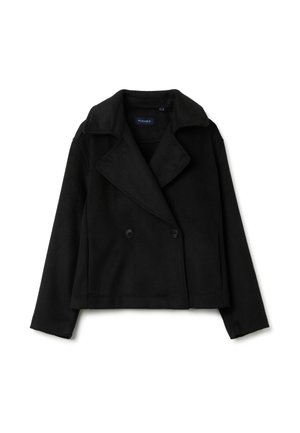 Zwarte cropped blazer gemaakt van zachte stof, met een reverskraag, dubbele knoopsluiting en lange mouwen. Eenvoudig ontwerp, zonder patronen.
