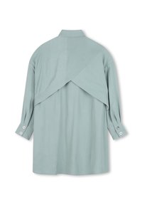 Chemise vert clair avec un design croisé dans le dos, manches longues avec poignets boutonnés et texture lisse. Aucun motif visible ni détails matériels.