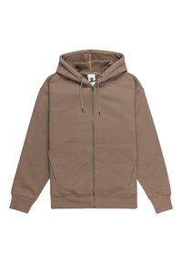Zippered hoodie in muted brown, featuring a drawstring hood, front pockets, ribbed cuffs, and a soft textured finish.