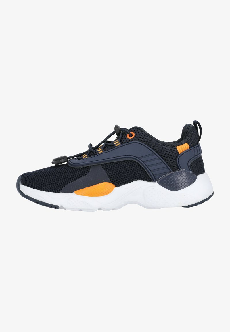 Mesh-Sportschuhe mit einem marineblauen Obermaterial und orangefarbenen Akzenten, einer gepolsterten weißen Sohle und einem schnürsenkellosen Design mit Zugstellentwicklung.
