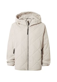 Light beige quilted jacket with a hood, featuring a front zipper and two side pockets with black accents. Soft texture and relaxed fit.