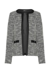 Svart- och vitrutigt tweedjacka med rund halsringning, öppen front, två svarta detaljer på fickorna och en strukturerad yta.
