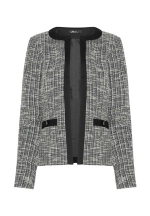 Schwarze und weiße Tweedjacke mit Rundhalsausschnitt, offenem Vorderteil, zwei schwarzen Akzenten an den Taschen und einer strukturierten Oberfläche.