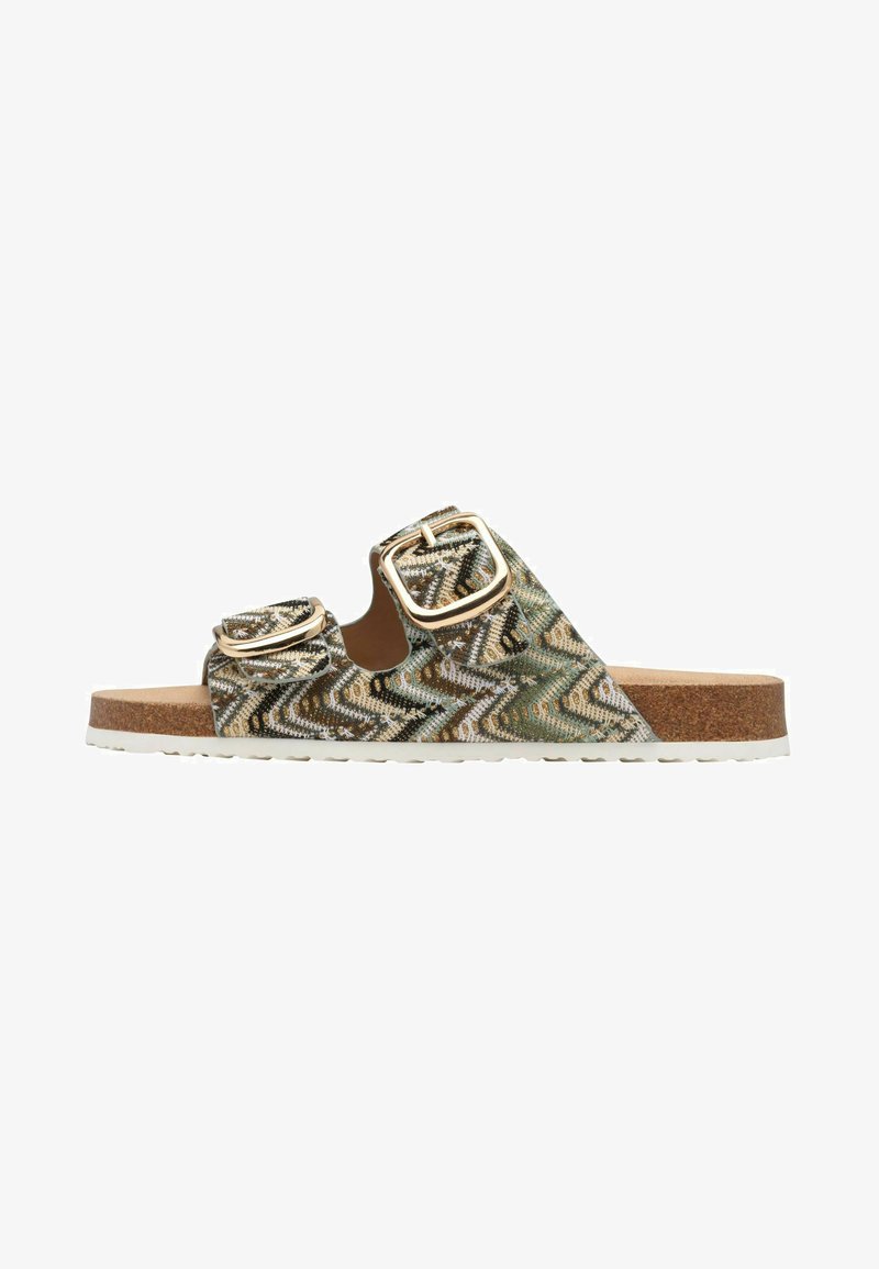 Slide sandal with a woven pattern in green, beige, and black. Features two gold-tone buckles and a natural cork footbed. White rubber sole.