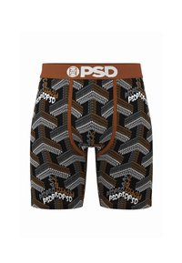 Boxeri negri cu un model geometric în nuanțe de maro, gri și alb. Au un tiv maro cu logo-ul "PSD" în alb.