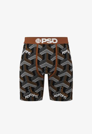 Czarne bokserki z geometrzycznym wzorem w kolorach brązowym, szarym i białym. Posiadają brązowy pas z logo "PSD" w kolorze białym.