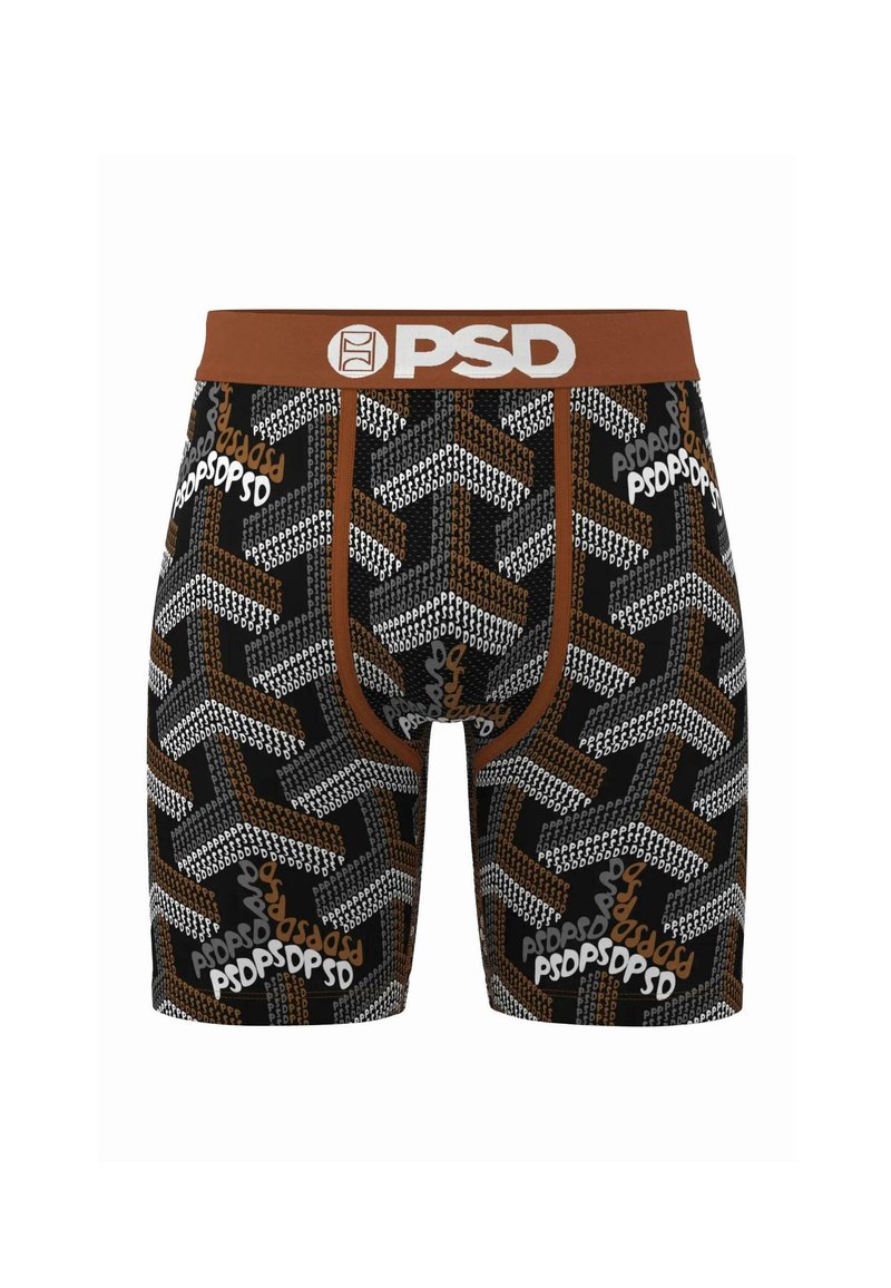 Boxeri negri cu un model geometric în nuanțe de maro, gri și alb. Au un tiv maro cu logo-ul "PSD" în alb.