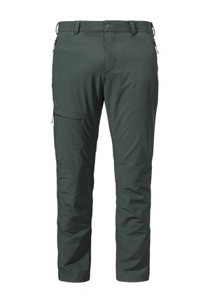 Grüne Outdoor-Hosen mit Reißverschlusstasche, Gürtelschlaufen, geraden Beinen und leichtem, strukturiertem Stoff.