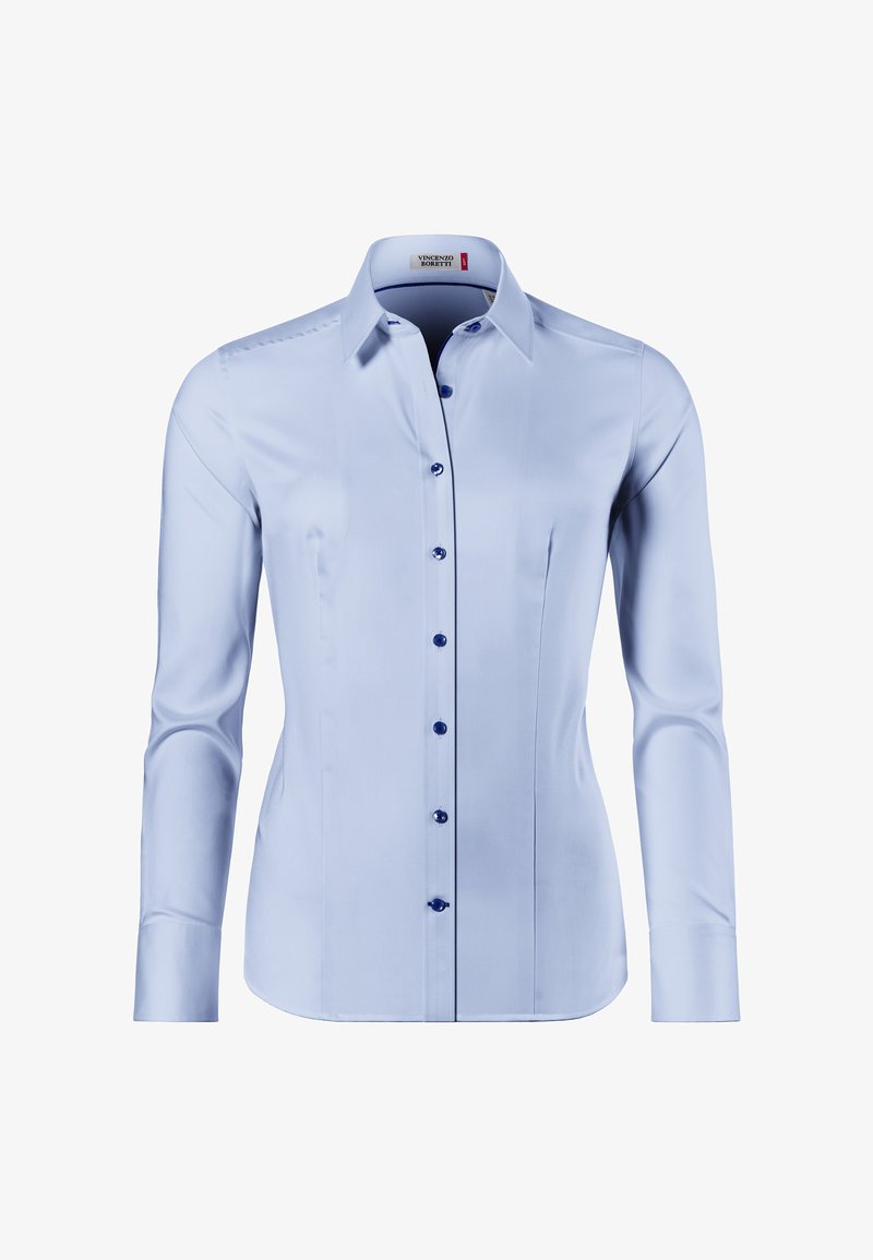 Light blue long-sleeve shirt made of smooth fabric, featuring a pointed collar, button-down front with navy buttons, and tailored fit.