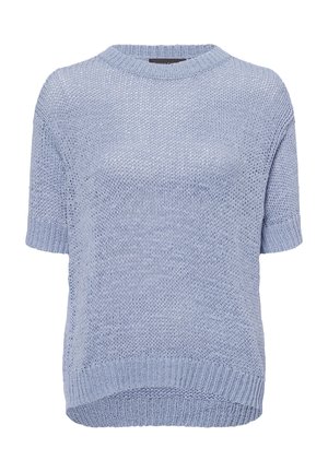 Hellblauer Strickpullover mit kurzen Ärmeln, Rundhals-Ausschnitt und geripptem Saum. Verfügt über ein offenes Gewebe für Atmungsaktivität und ein lässiges Design.