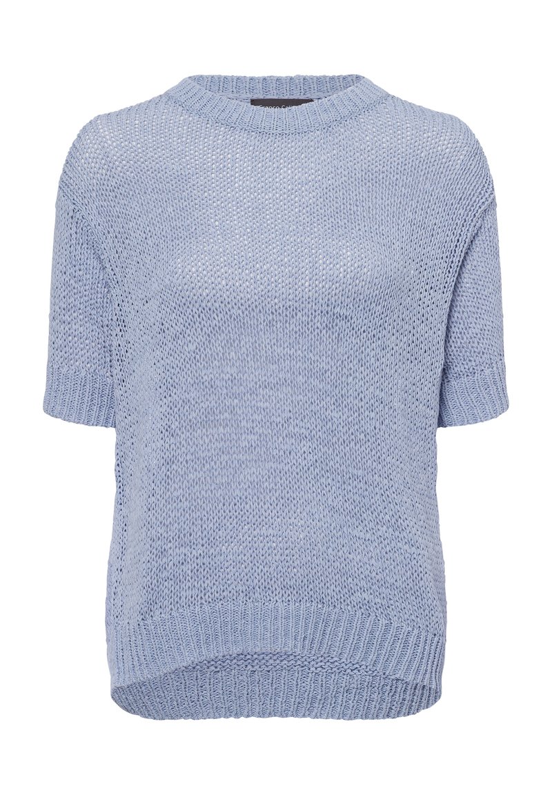 Lichtblauwe gebreide trui met korte mouwen, ronde halslijn en ribgebreide onderrand. Heeft een open geweven structuur voor ademend vermogen en een casual ontwerp.