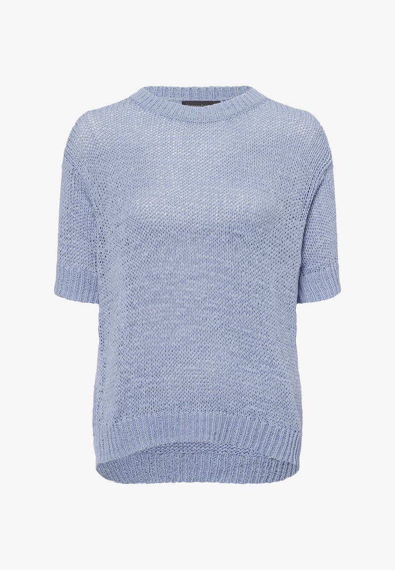 Hellblauer Strickpullover mit kurzen Ärmeln, Rundhals-Ausschnitt und geripptem Saum. Verfügt über ein offenes Gewebe für Atmungsaktivität und ein lässiges Design.