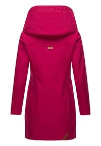 Pink jacket with a high collar, long sleeves, and side seams. Features a logo tag near the hem and a smooth exterior texture.
