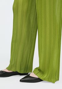 Zöld, áttetsző pliszírozott nadrág légiesen áramló kialakítással. Fekete, hegyes orrú lapos cipővel párosítva, sima textúrák és tiszta vonalak jellemzik.