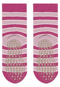 Gestreifte rosa und hellrosa Socken mit weißen Streifen, ausgestattet mit strukturierten Anti-Rutsch-Punkten auf den Sohlen und einem gerippten Bündchen.