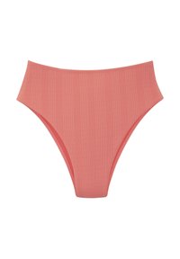 Bikini-Unterteil mit hoher Taille in hellem Korallenfarbe, aus geripptem Stoff gefertigt, mit glatter Textur und modernem, sauberen Design.