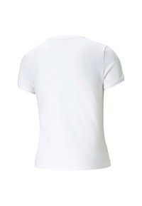Camiseta blanca de manga corta vista desde la parte de atrás. Fabricada con un tejido suave, presenta un cuello redondo y una silueta ajustada. Sin patrones visibles.