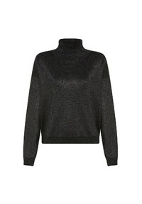 Maglione a dolcevita nero realizzato in un tessuto texturizzato e luccicante. Presenta maniche lunghe e una vestibilità ampia, con un orlo dritto.