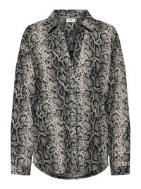 Camisa de manga larga con botones, con estampado de serpiente en negro, blanco y beige y cuello clásico.