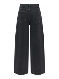 Jean noir à jambes larges avec taille haute et deux poches arrière, vu de dos sur fond blanc.