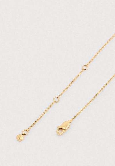 Kullavärvi kaelakee õhukese kettaga, millel on homaarlukust ja väike ümmargune silt graveeritud initsiaalidega.