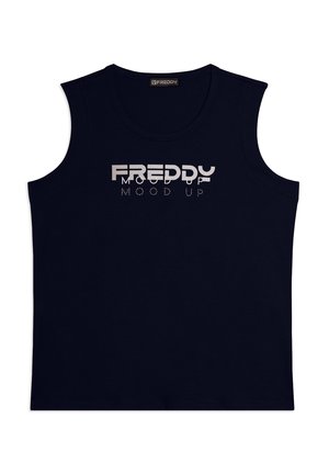 Top negro sin mangas con escote redondo y la frase "FREDDY MOOD UP" impresa en blanco en el pecho.