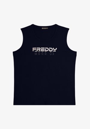 Top nero senza maniche con scollo rotondo e la scritta "FREDDY MOOD UP" stampata in bianco sul petto.