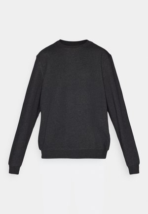 Felpa grigia scura in tessuto morbido, con collo tondo, maniche lunghe e polsini e orlo a costine. Design minimalista senza fantasie.
