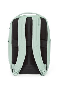 Mint green backpack with black accents, featuring padded shoulder straps, a handle, and a streamlined design. Smooth texture, no visible logos.