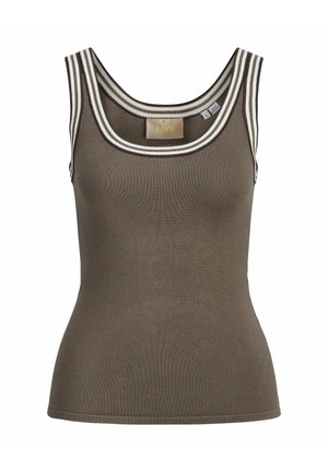 Rudas neperšlampamas megztinis be rankovių, su baltomis ir rudomis dryžuotomis apvaliomis iškirptėmis bei pažastimis, aptemptas siluetas.