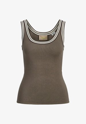 Top maro tricotat fără mâneci, cu decolteu și margini la mâneci cu dungi albe și maro, croială mulată.