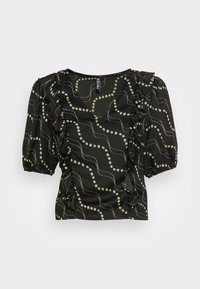 Blusa preta com mangas curtas em balão, apresentando um padrão de linhas onduladas e pequenos detalhes florais, tecido texturizado e acabamento com babados.