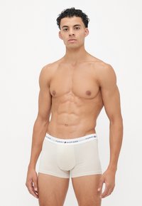 Beige bomuldsboxer med en hvid elastisk talje, der har "Tommy Hilfiger" logoet i rød og blå. Glat tekstur, tætsiddende design.