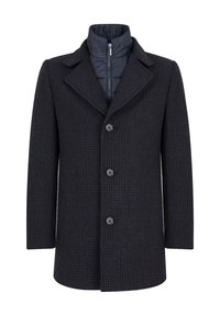 Granatowy płaszcz o fakturowanej powierzchni w kratkę, z wyłóżonym kołnierzem, sześcioma guzikami i odpinanym ociepleniem puchowym dla zapewnienia ciepła.