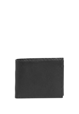 Portafoglio nero in pelle piegato con cuciture visibili su sfondo bianco.