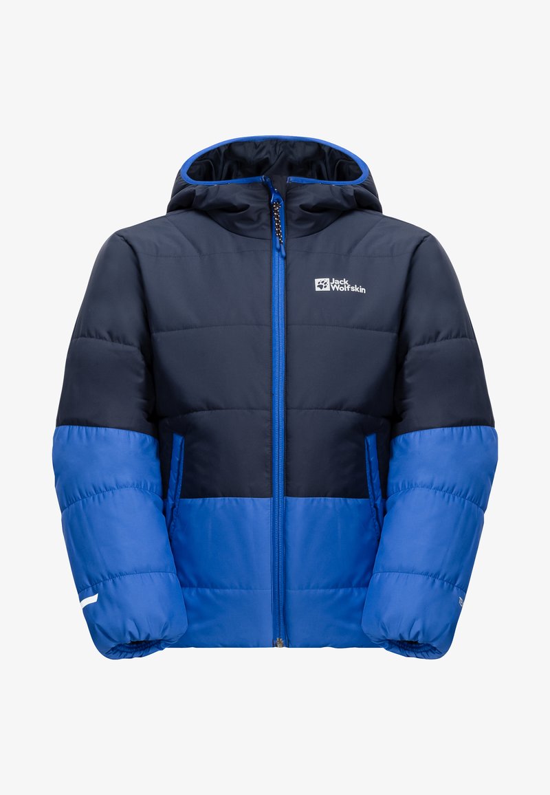 Navyblau gesteppte Kapuzenjacke mit vorderem Reißverschluss, seitlichen Taschen und Jack Wolfskin-Logo auf der Brust.