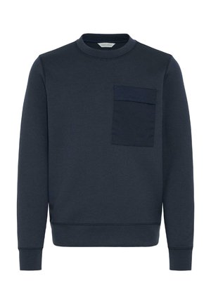 Marineblauwe sweatshirt met een ronde hals, geribbelde mouwen en een borstzak van dezelfde stof. Gladde textuur, casual pasvorm.