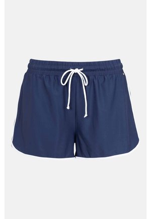 Marineblauwe zwembroek met witte trekkoord, elastische tailleband en contrasterende accenten aan de zijkanten. Zachte, lichte stof met een comfortabele pasvorm.