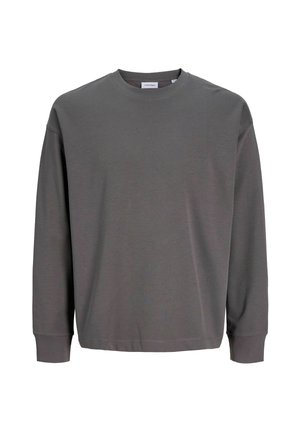 Tummaharmaa pitkähihaisen collegepaidan pehmeästä kankaasta valmistettu paita, jossa on pyöreä kaula-aukko ja rento istuvuus. Minimalistinen ompelu ilman näkyviä kuvioita.