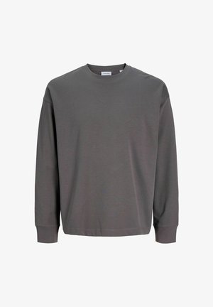 Donkergrijze lange mouwen trui gemaakt van zachte stof, met een ronde hals en een losse pasvorm. Minimale naden en geen zichtbare patronen.