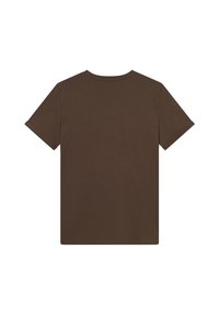 Brun kortærmet t-shirt lavet af blødt stof, med rund halsudskæring og et enkelt, udekoreret design bagpå.