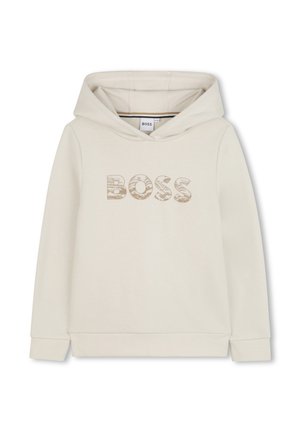Hoodie beige en tissu doux avec un grand logo "BOSS" texturé en marron. Conçu avec une capuche classique et des poignets côtelés.