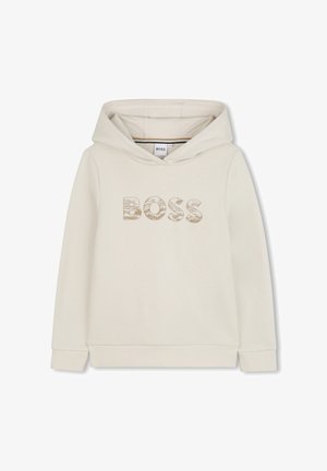 Felpa beige realizzata in tessuto morbido, caratterizzata da un ampio logo "BOSS" testurizzato in marrone. Progettata con un cappuccio classico e polsini a costine.