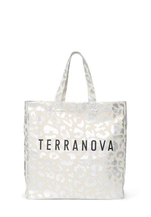 Borsa tote Terranova in crema con stampa leopardata argento. Presenta manici doppi e un grande logo nero sul davanti. Texture liscia e lucida.