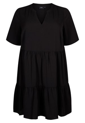 Zwart knie-lange jurk met korte mouwen, voorzien van geschoven lagen en een V-halslijn, ontworpen voor een ontspannen pasvorm.