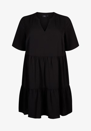 Sort knælang kjole med korte ærmer, sammensamlede lag og V-udskæring, designet til en afslappet pasform.